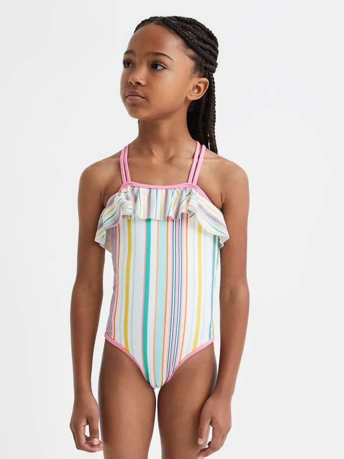 Children Reiss Swimwear Cora Striped Frilly CrossBack Swimsuit Multi