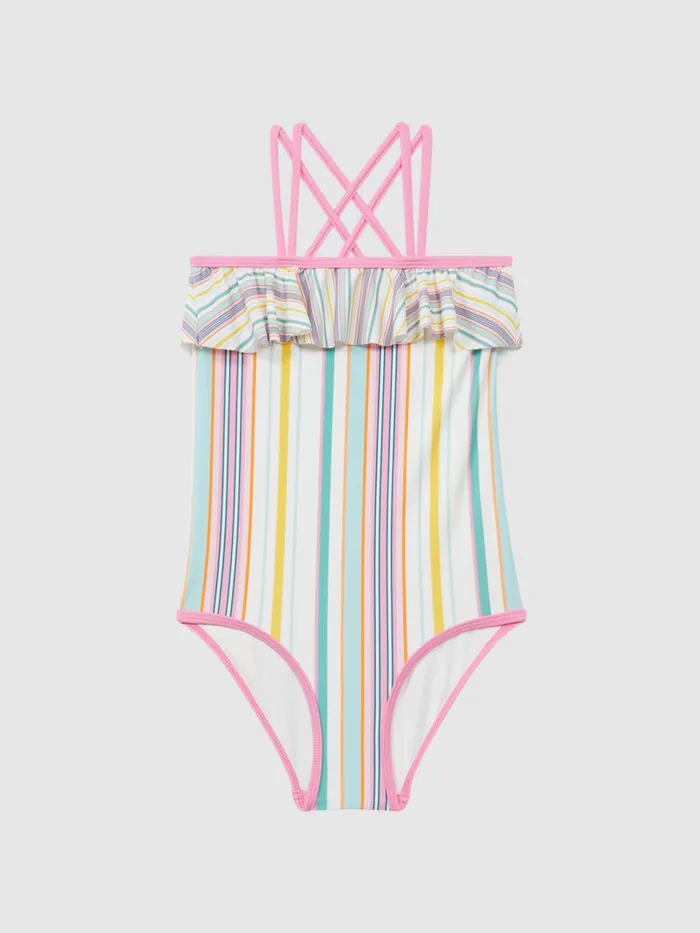 Children Reiss Swimwear Cora Striped Frilly CrossBack Swimsuit Multi