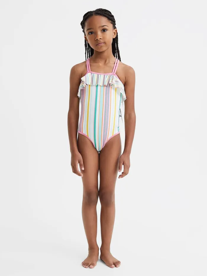 Children Reiss Swimwear Cora Striped Frilly CrossBack Swimsuit Multi