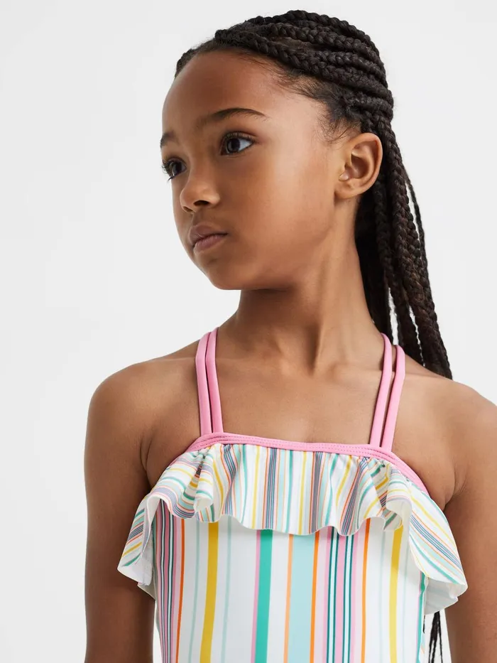 Children Reiss Swimwear Cora Striped Frilly CrossBack Swimsuit Multi