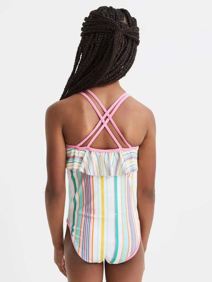 Children Reiss Swimwear Cora Striped Frilly CrossBack Swimsuit Multi