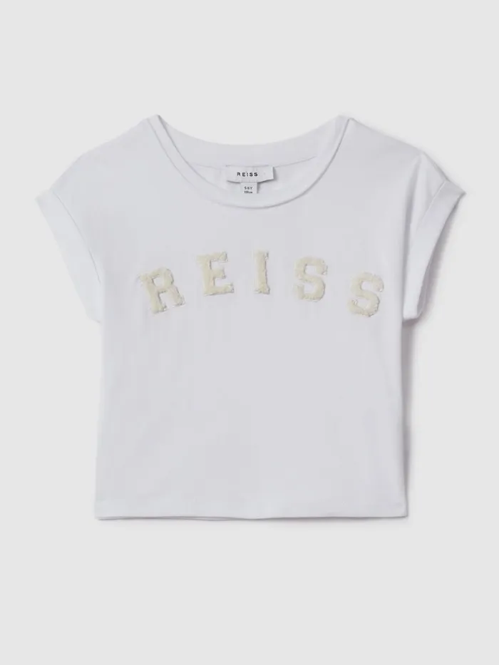 Children Reiss Tops and TShirts Taya Textured Motif Cotton Crew Neck TShirt White