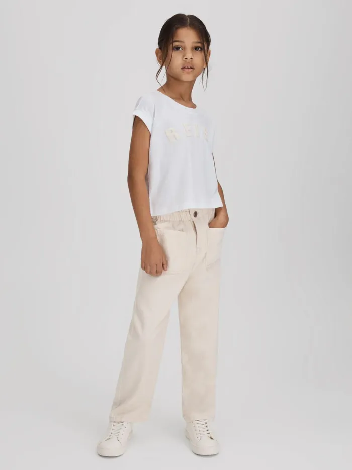 Children Reiss Tops and TShirts Taya Textured Motif Cotton Crew Neck TShirt White