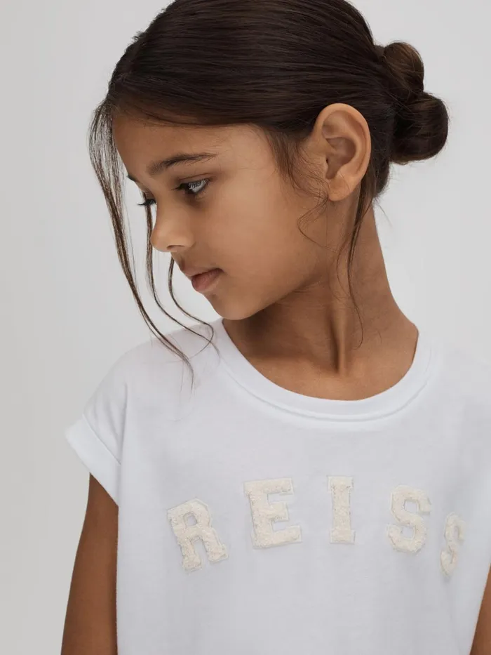 Children Reiss Tops and TShirts Taya Textured Motif Cotton Crew Neck TShirt White