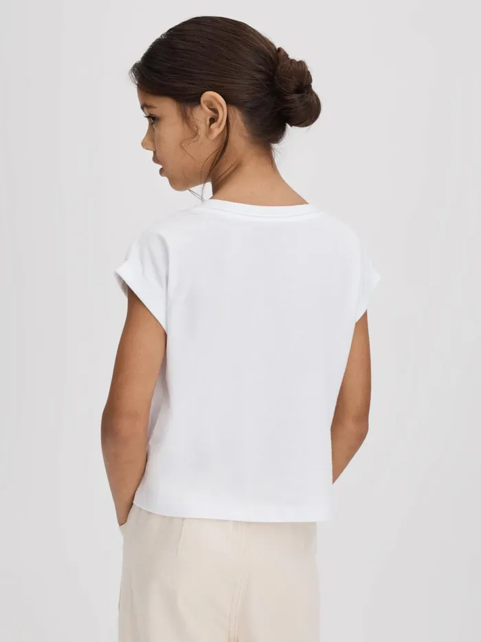 Children Reiss Tops and TShirts Taya Textured Motif Cotton Crew Neck TShirt White