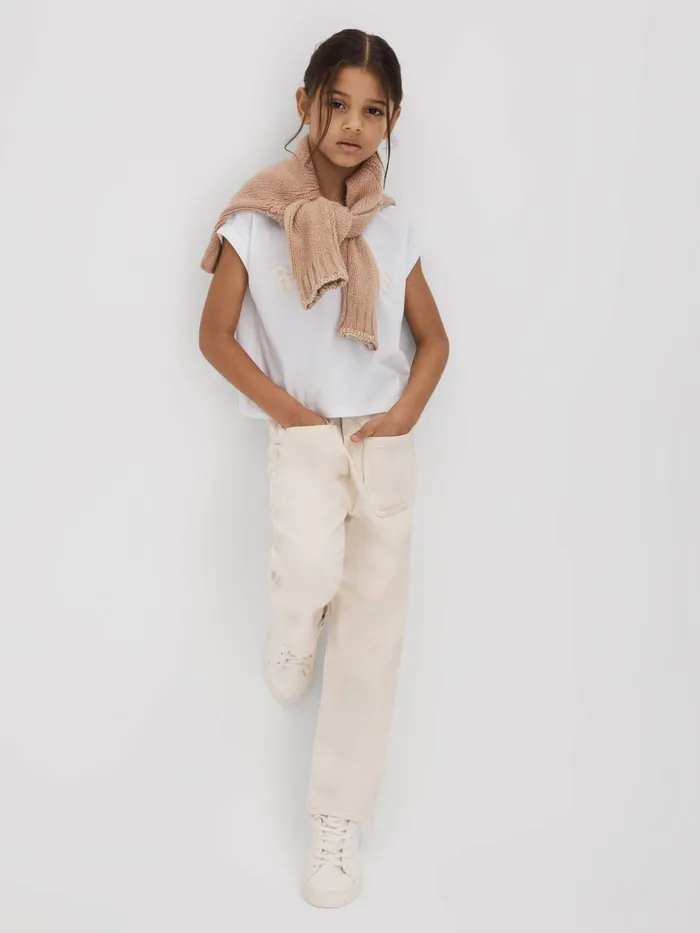 Children Reiss Tops and TShirts Taya Textured Motif Cotton Crew Neck TShirt White