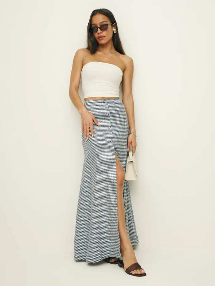 Clothing The Reformation Andi Low Rise Linen Maxi Skirt Slate Check