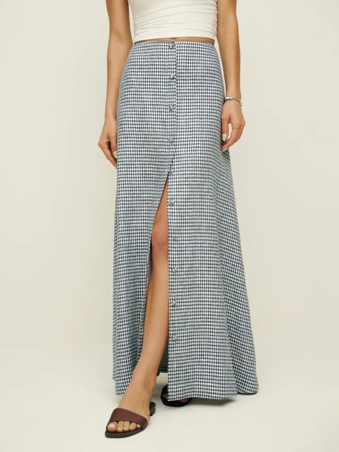 Clothing The Reformation Andi Low Rise Linen Maxi Skirt Slate Check