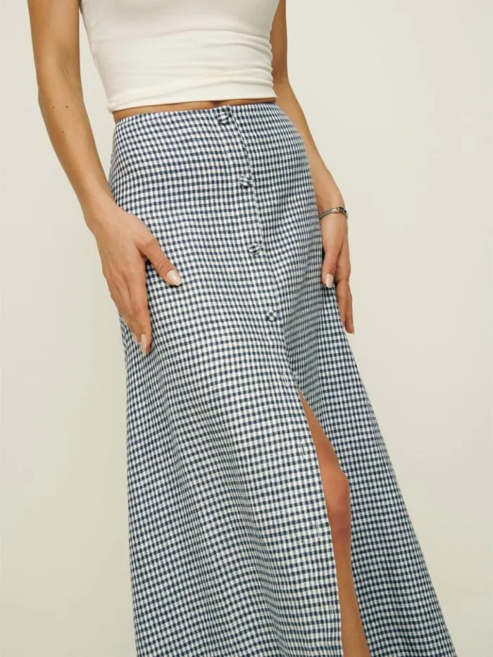 Clothing The Reformation Andi Low Rise Linen Maxi Skirt Slate Check