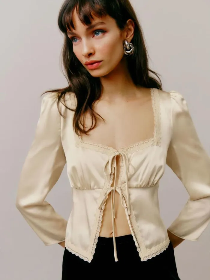 Clothing The Reformation Lucinda Silk Top Almond