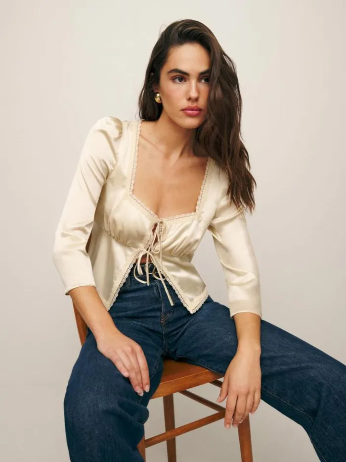 Clothing The Reformation Lucinda Silk Top Almond