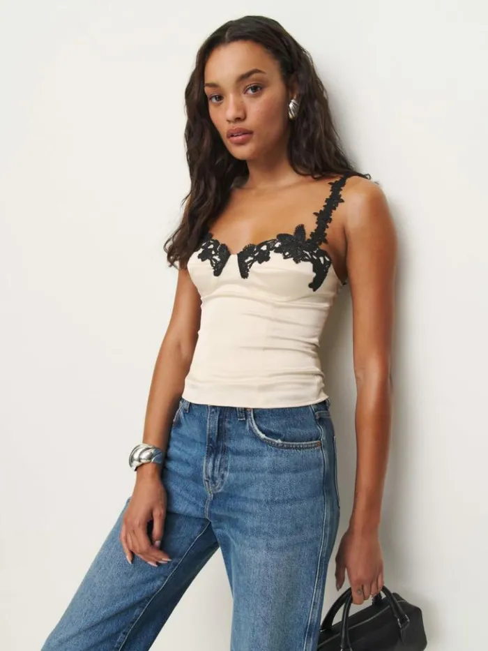 Clothing The Reformation Skyla Satin Top Almond