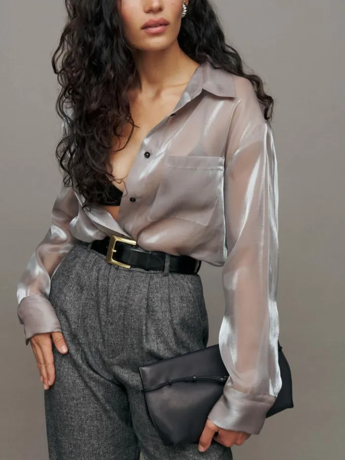 Clothing The Reformation Will Oversized Sheer Shirt Silver