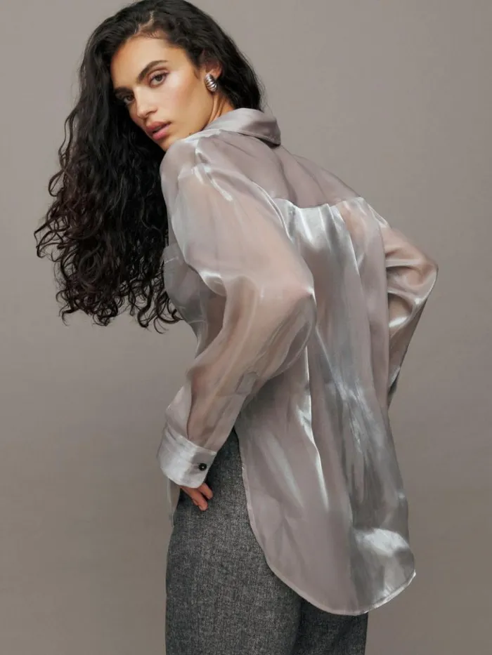 Clothing The Reformation Will Oversized Sheer Shirt Silver