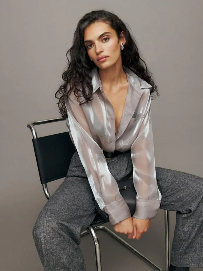 Clothing The Reformation Will Oversized Sheer Shirt Silver