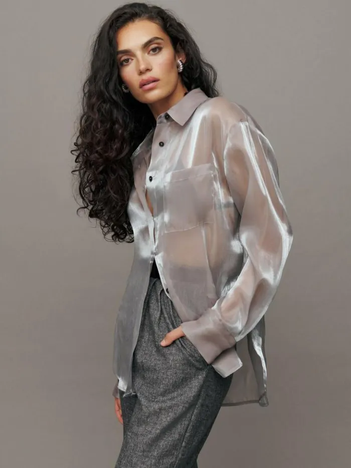 Clothing The Reformation Will Oversized Sheer Shirt Silver