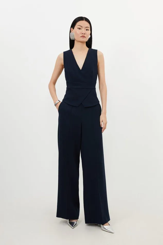 CoOrds Women Karen Millen Compact Stretch Essential Tailored High Waist Wide Leg Trousers Navy
