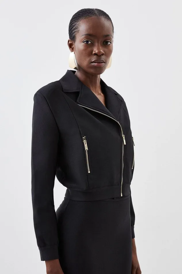 CoOrds Women Karen Millen Figure Form Bandage Knit Bomber Jacket Black