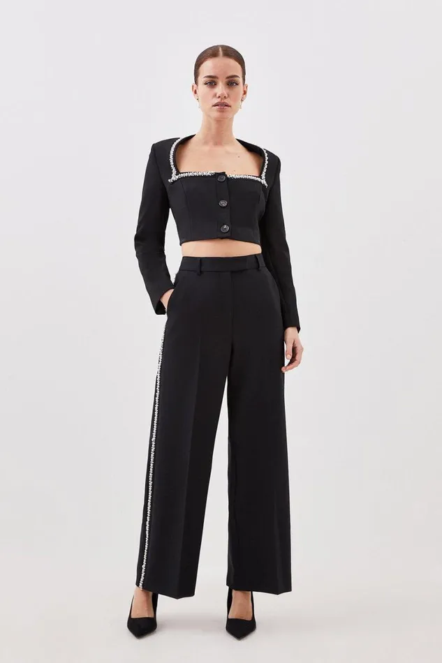 CoOrds Women Karen Millen Lydia Millen Petite Compact Stretch Embellished Jacket and Trouser Set Black CoOrds Women Karen Millen Lydia Millen Petite Compact Stretch Embellished Jacket and Trouser Set Black