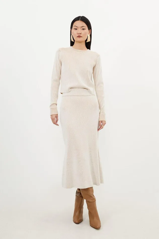 CoOrds Women Karen Millen Viscose Blend Plaited Rib Knit Set Neutral