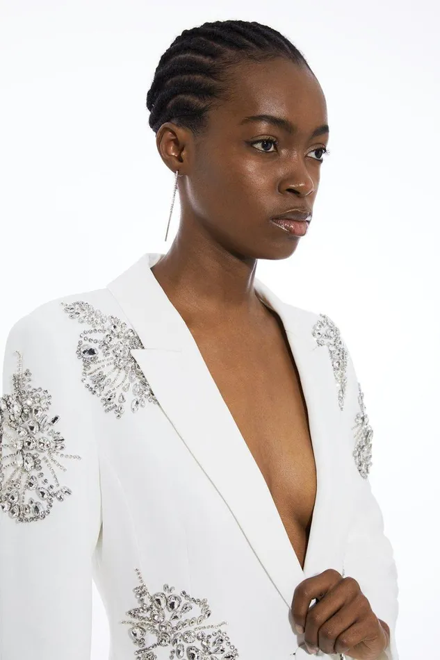 Coats and Jackets Women Karen Millen Crystal Embellished Tailored Single Breasted Longline Blazer Ivory Coats and Jackets Women Karen Millen Crystal Embellished Tailored Single Breasted Longline Blazer Ivory