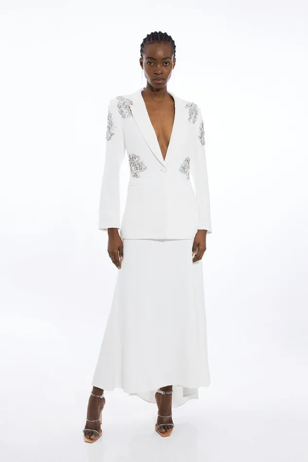 Coats and Jackets Women Karen Millen Crystal Embellished Tailored Single Breasted Longline Blazer Ivory
