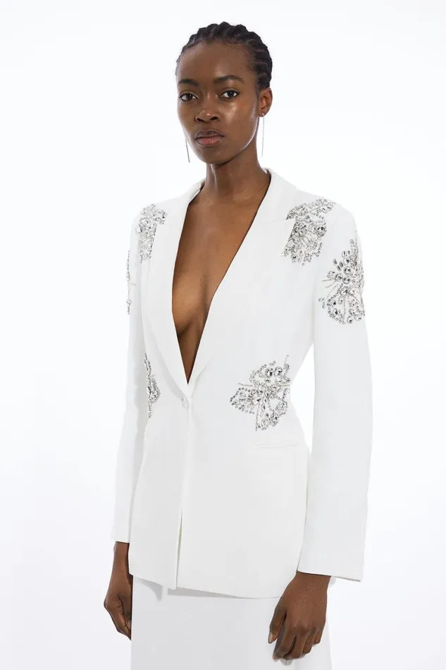 Coats and Jackets Women Karen Millen Crystal Embellished Tailored Single Breasted Longline Blazer Ivory
