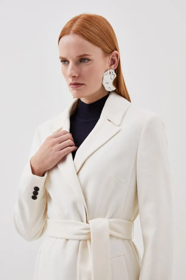 Coats and Jackets Women Karen Millen Italian Manteco Wool Blend Button Detail Pleated Midi Coat Ivory