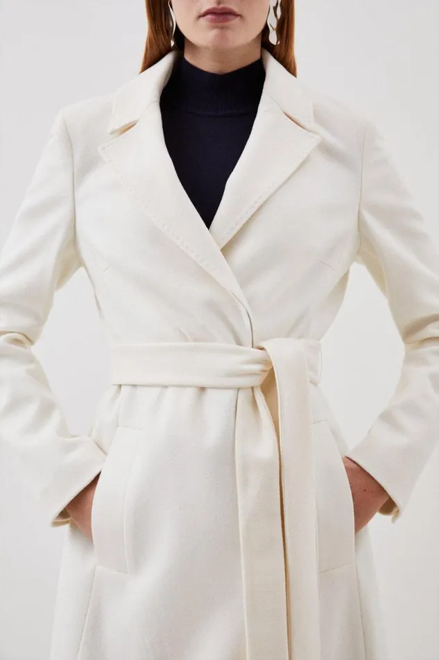 Coats and Jackets Women Karen Millen Italian Manteco Wool Blend Button Detail Pleated Midi Coat Ivory