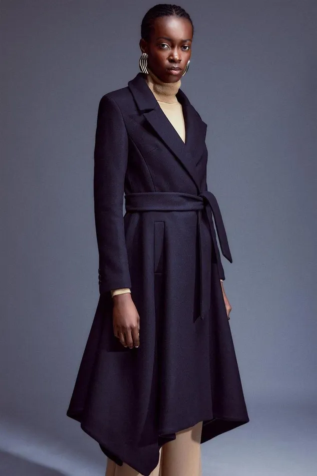 Coats and Jackets Women Karen Millen Italian Manteco Wool Blend Double Breasted Belted High Low Trench Coat Black Coats and Jackets Women Karen Millen Italian Manteco Wool Blend Double Breasted Belted High Low Trench Coat Black