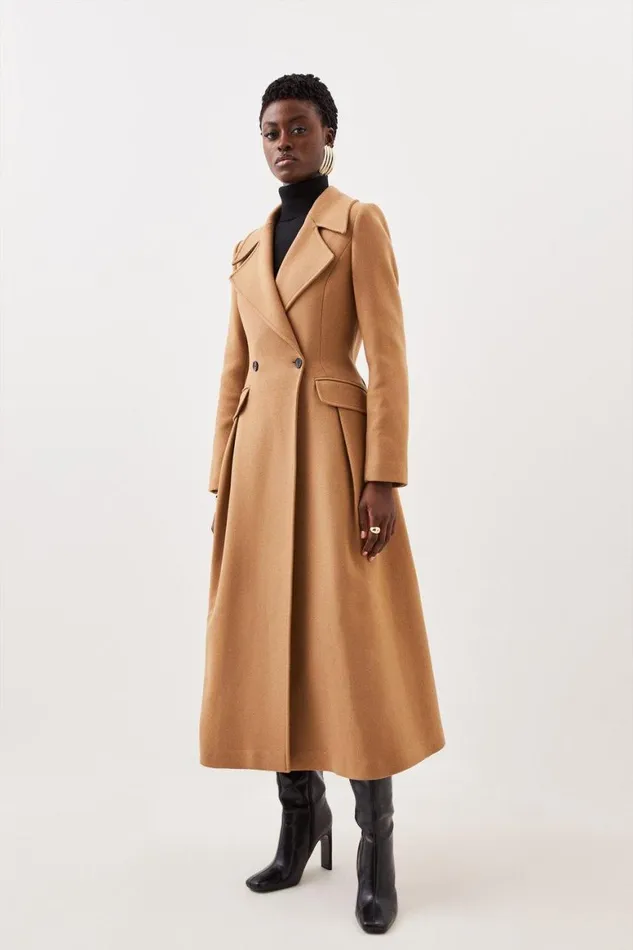 Coats and Jackets Women Karen Millen Italian Manteco Wool Blend Tailored Flared Skirt Midaxi Coat Camel Coats and Jackets Women Karen Millen Italian Manteco Wool Blend Tailored Flared Skirt Midaxi Coat Camel