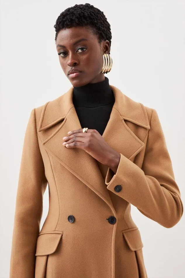 Coats and Jackets Women Karen Millen Italian Manteco Wool Blend Tailored Flared Skirt Midaxi Coat Camel