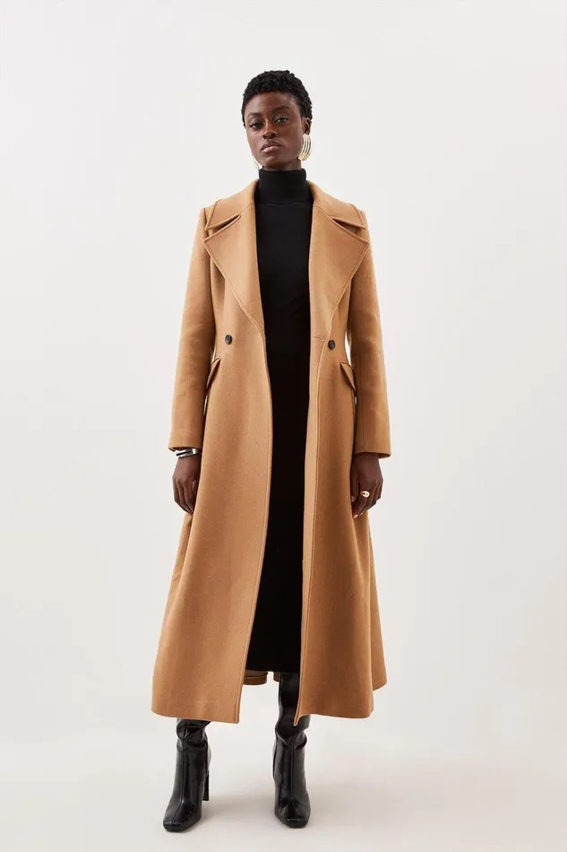 Coats and Jackets Women Karen Millen Italian Manteco Wool Blend Tailored Flared Skirt Midaxi Coat Camel