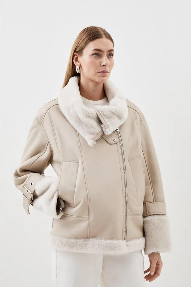 Coats and Jackets Women Karen Millen Italian Shearling Aviator Jacket Cream