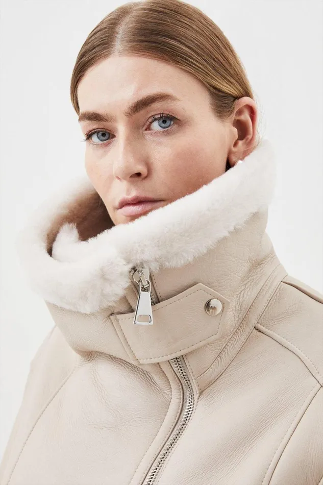Coats and Jackets Women Karen Millen Italian Shearling Aviator Jacket Cream