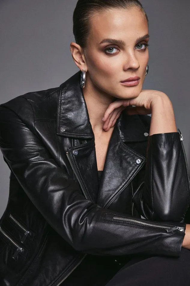 Coats and Jackets Women Karen Millen Leather Signature Biker Jacket Black