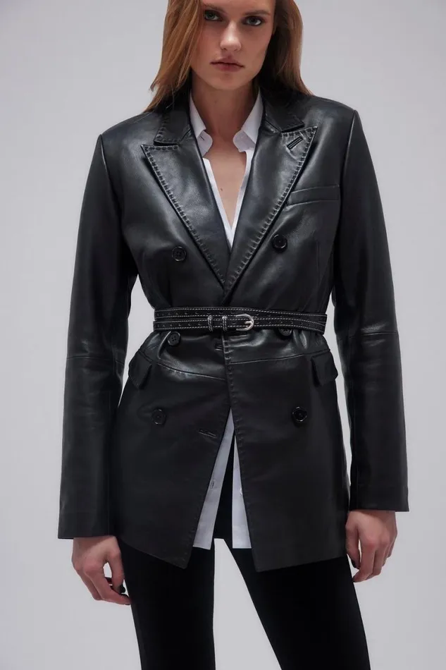 Coats and Jackets Women Karen Millen Leather Stab Stitch Double Breasted Blazer Black Coats and Jackets Women Karen Millen Leather Stab Stitch Double Breasted Blazer Black