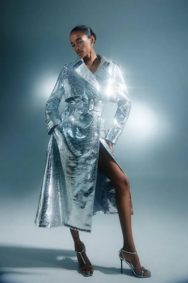 Coats and Jackets Women Karen Millen Metallic Faux Leather Belted Trench Coat Silver Coats and Jackets Women Karen Millen Metallic Faux Leather Belted Trench Coat Silver