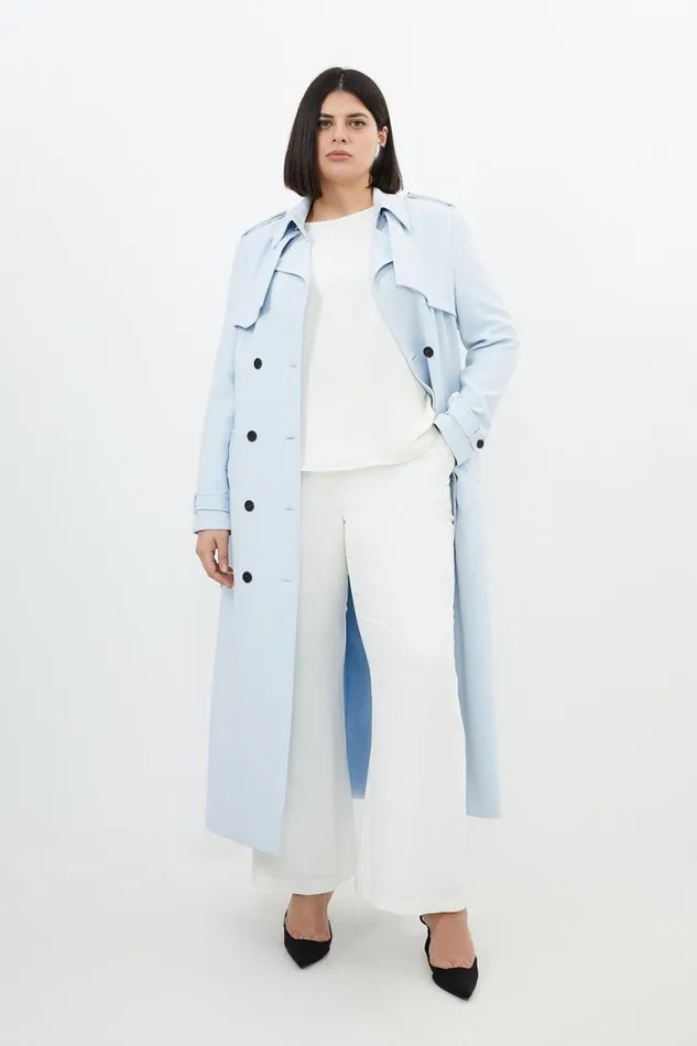 Coats and Jackets Women Karen Millen Plus Size Compact Stretch Tailored Belted Trench Coat Blue Coats and Jackets Women Karen Millen Plus Size Compact Stretch Tailored Belted Trench Coat Blue