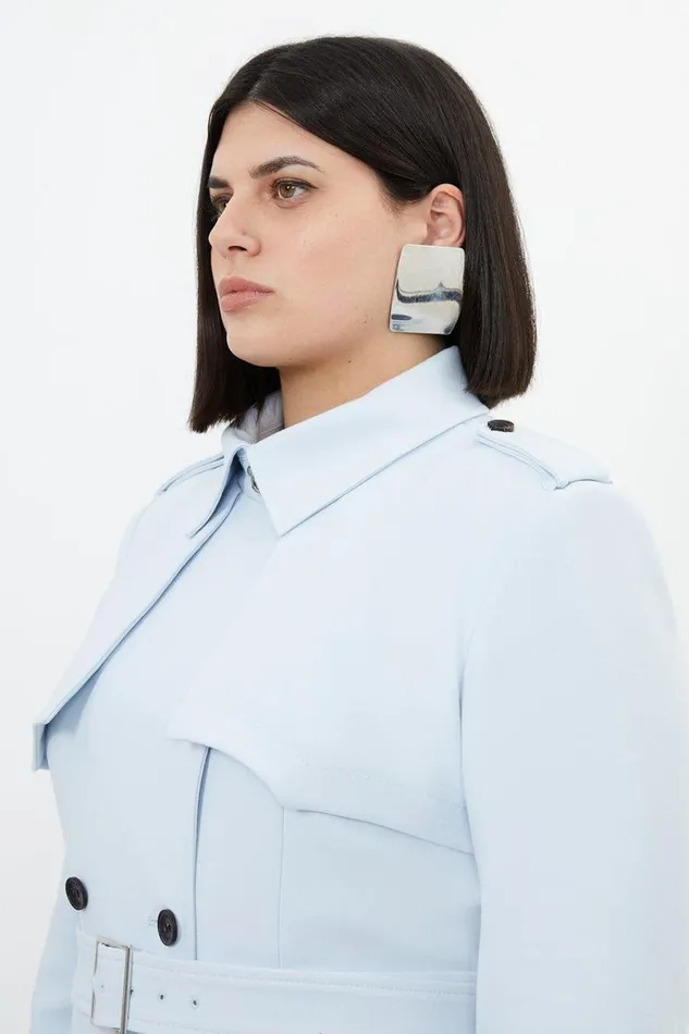 Coats and Jackets Women Karen Millen Plus Size Compact Stretch Tailored Belted Trench Coat Blue