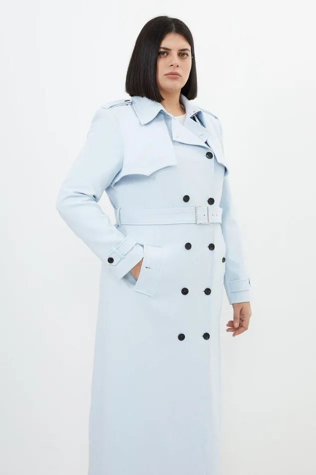 Coats and Jackets Women Karen Millen Plus Size Compact Stretch Tailored Belted Trench Coat Blue