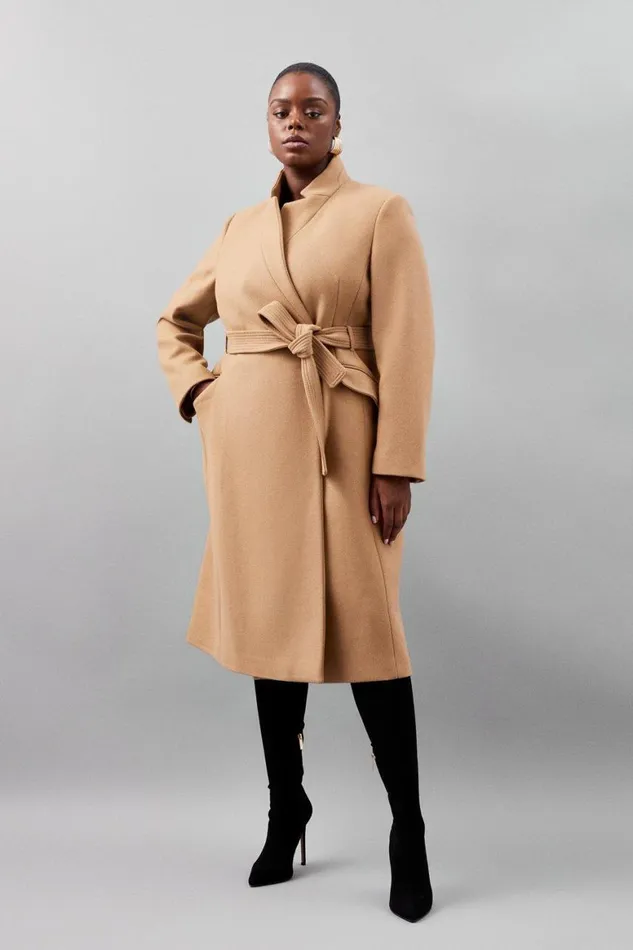 Coats and Jackets Women Karen Millen Plus Size Italian Manteco Wool Blend Notch Neck Coat Camel