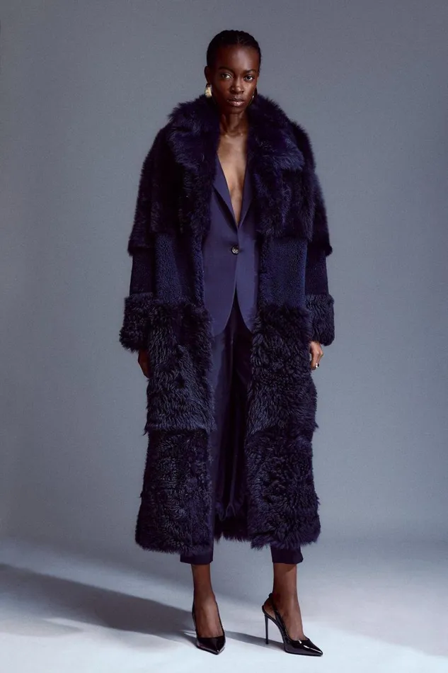 Coats and Jackets Women Karen Millen Shearling Mix Panel Maxi Coat Navy