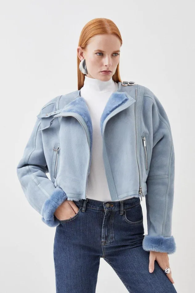 Coats and Jackets Women Karen Millen Shearling Rounded Shoulder Biker Jacket Pale Blue Coats and Jackets Women Karen Millen Shearling Rounded Shoulder Biker Jacket Pale Blue