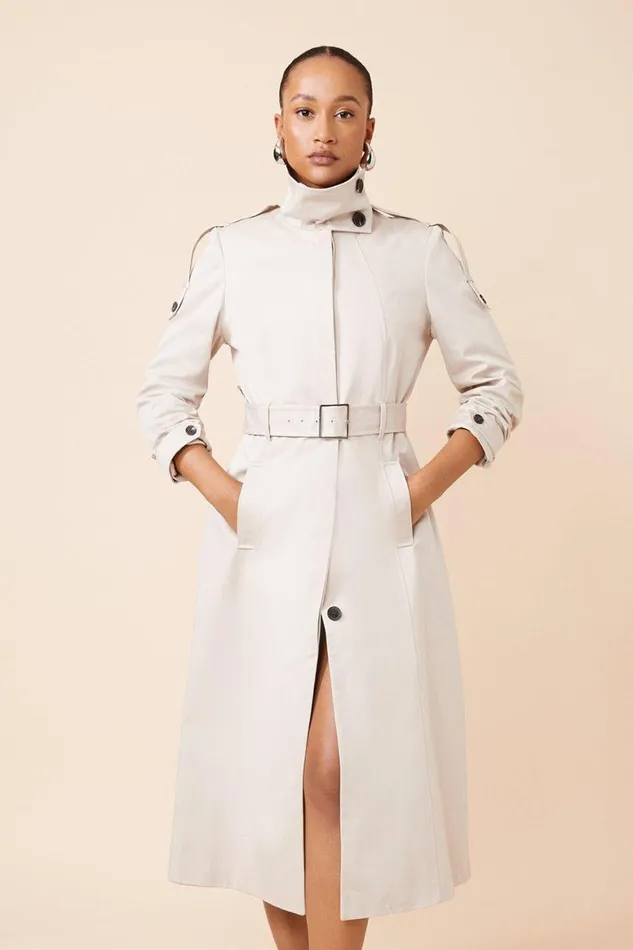 Coats and Jackets Women Karen Millen Tailored High Neck Belted Trench Coat Stone Coats and Jackets Women Karen Millen Tailored High Neck Belted Trench Coat Stone