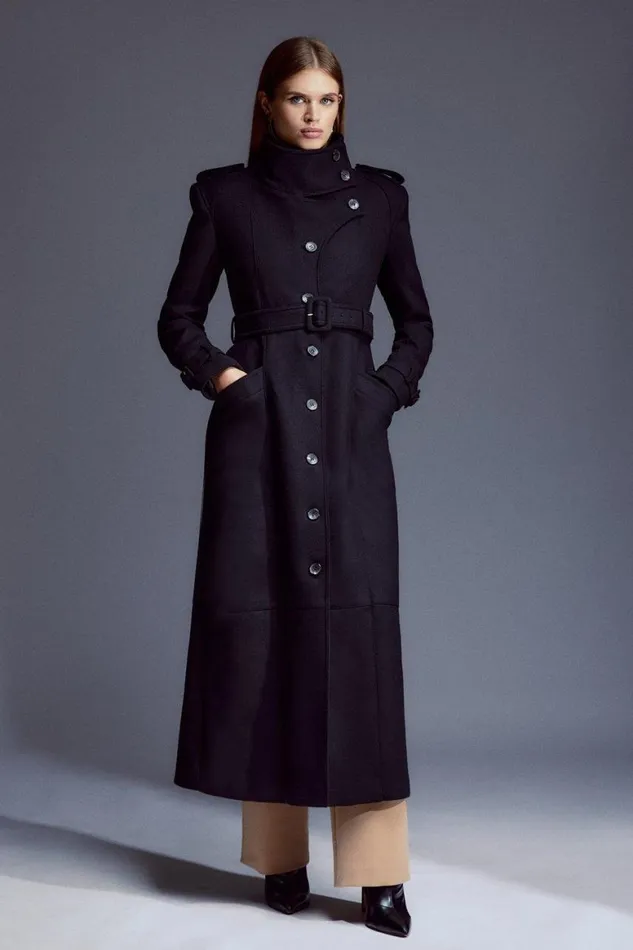 Coats and Jackets Women Karen Millen Tailored Wool Blend High Neck Belted Maxi Coat Black Coats and Jackets Women Karen Millen Tailored Wool Blend High Neck Belted Maxi Coat Black