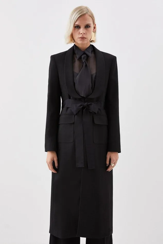 Coats and Jackets Women Karen Millen The Founder Premium Twill Tie Waist Detail Maxi Coat Black