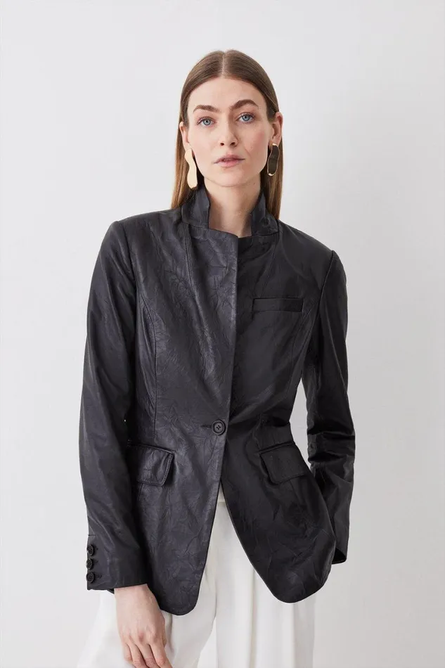 Coats and Jackets Women Karen Millen Washed Leather Notch Neck Forever Jacket Black Coats and Jackets Women Karen Millen Washed Leather Notch Neck Forever Jacket Black