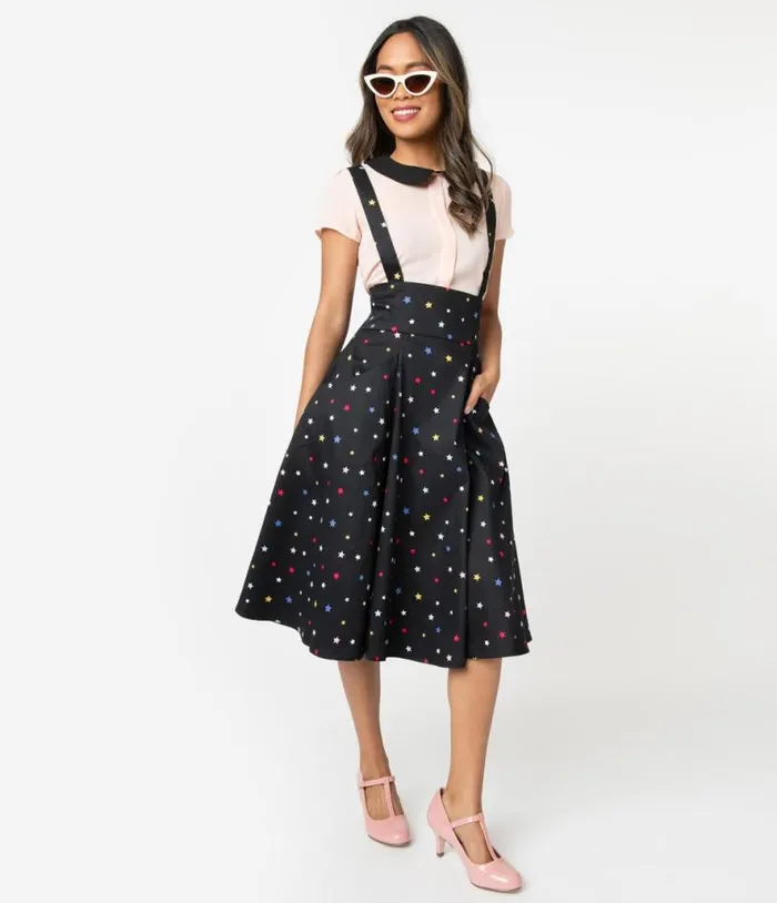 Collectif 1950s Black and Multicolor Stars Alexa Suspender Swing Skirt Clothing Unique Vintage Skirts Collectif 1950s Black and Multicolor Stars Alexa Suspender Swing Skirt Clothing Unique Vintage Skirts