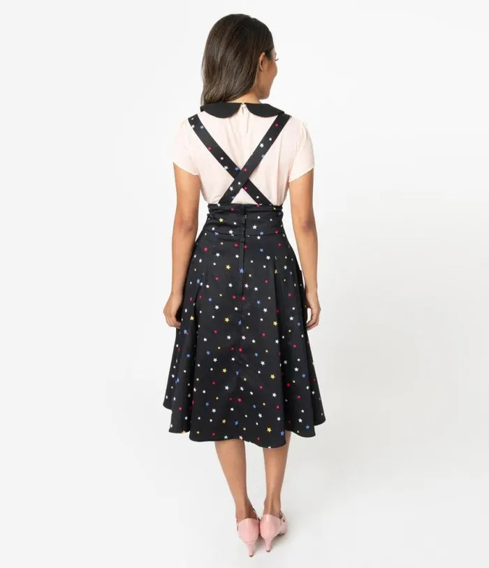 Collectif 1950s Black and Multicolor Stars Alexa Suspender Swing Skirt Clothing Unique Vintage Skirts
